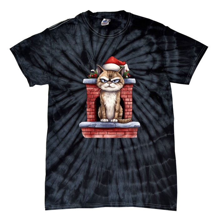 Grumpy Christmas Cat Chimney Tie-Dye T-Shirt