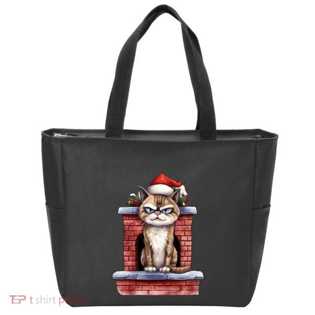 Grumpy Christmas Cat Chimney Zip Tote Bag