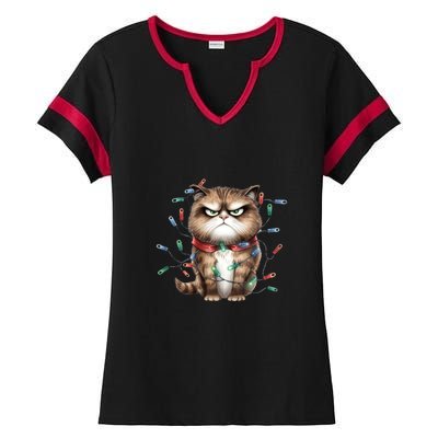 Grumpy Christmas Cat Lights Ladies Halftime Notch Neck Tee