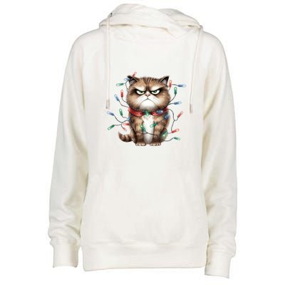 Grumpy Christmas Cat Lights Womens Funnel Neck Pullover Hood