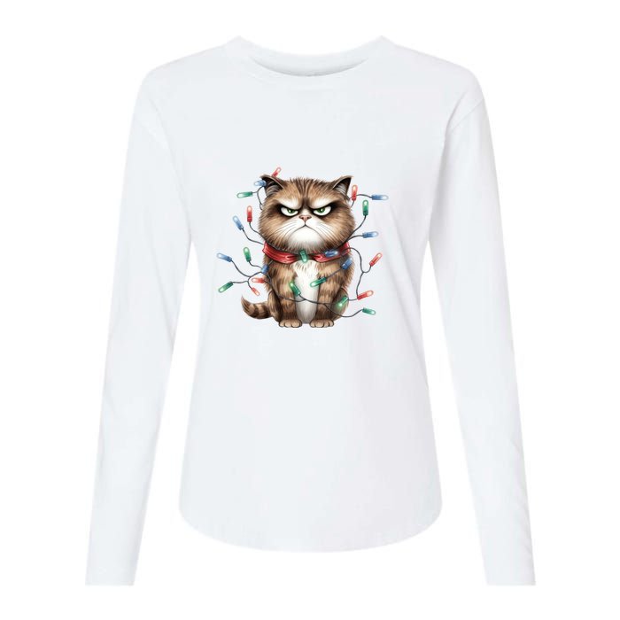 Grumpy Christmas Cat Lights Womens Cotton Relaxed Long Sleeve T-Shirt