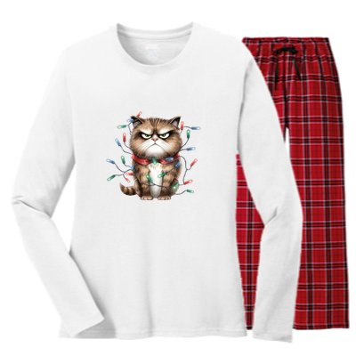 Grumpy Christmas Cat Lights Women's Long Sleeve Flannel Pajama Set 