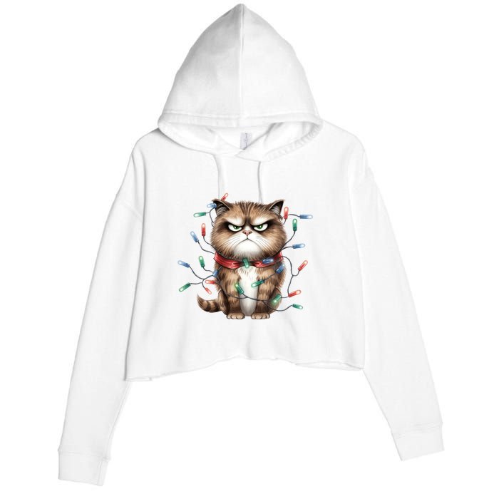 Grumpy Christmas Cat Lights Crop Fleece Hoodie