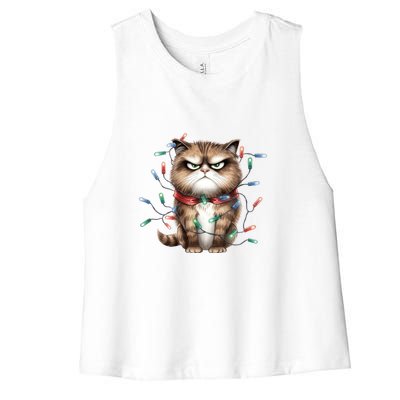 Grumpy Christmas Cat Lights Women's Racerback Cropped Tank