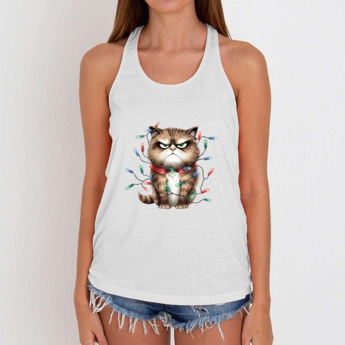 Grumpy Christmas Cat Lights Women's Knotted Racerback Tank