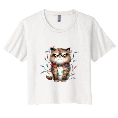 Grumpy Christmas Cat Lights Women's Crop Top Tee