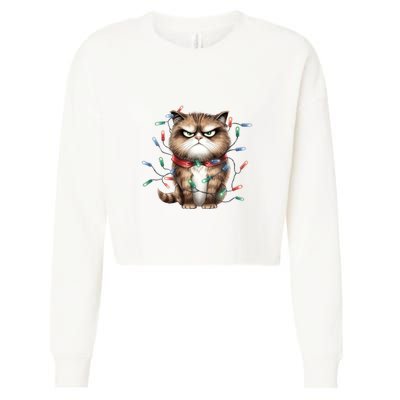 Grumpy Christmas Cat Lights Cropped Pullover Crew