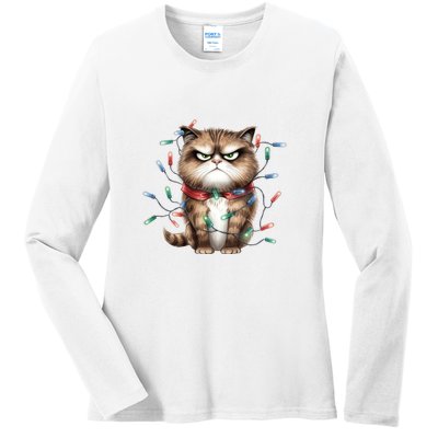 Grumpy Christmas Cat Lights Ladies Long Sleeve Shirt