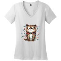 Grumpy Christmas Cat Lights Women's V-Neck T-Shirt