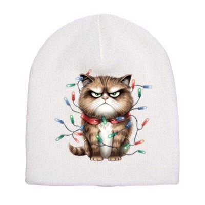 Grumpy Christmas Cat Lights Short Acrylic Beanie