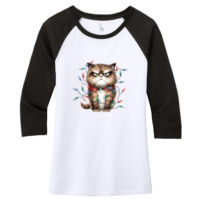 Grumpy Christmas Cat Lights Women's Tri-Blend 3/4-Sleeve Raglan Shirt