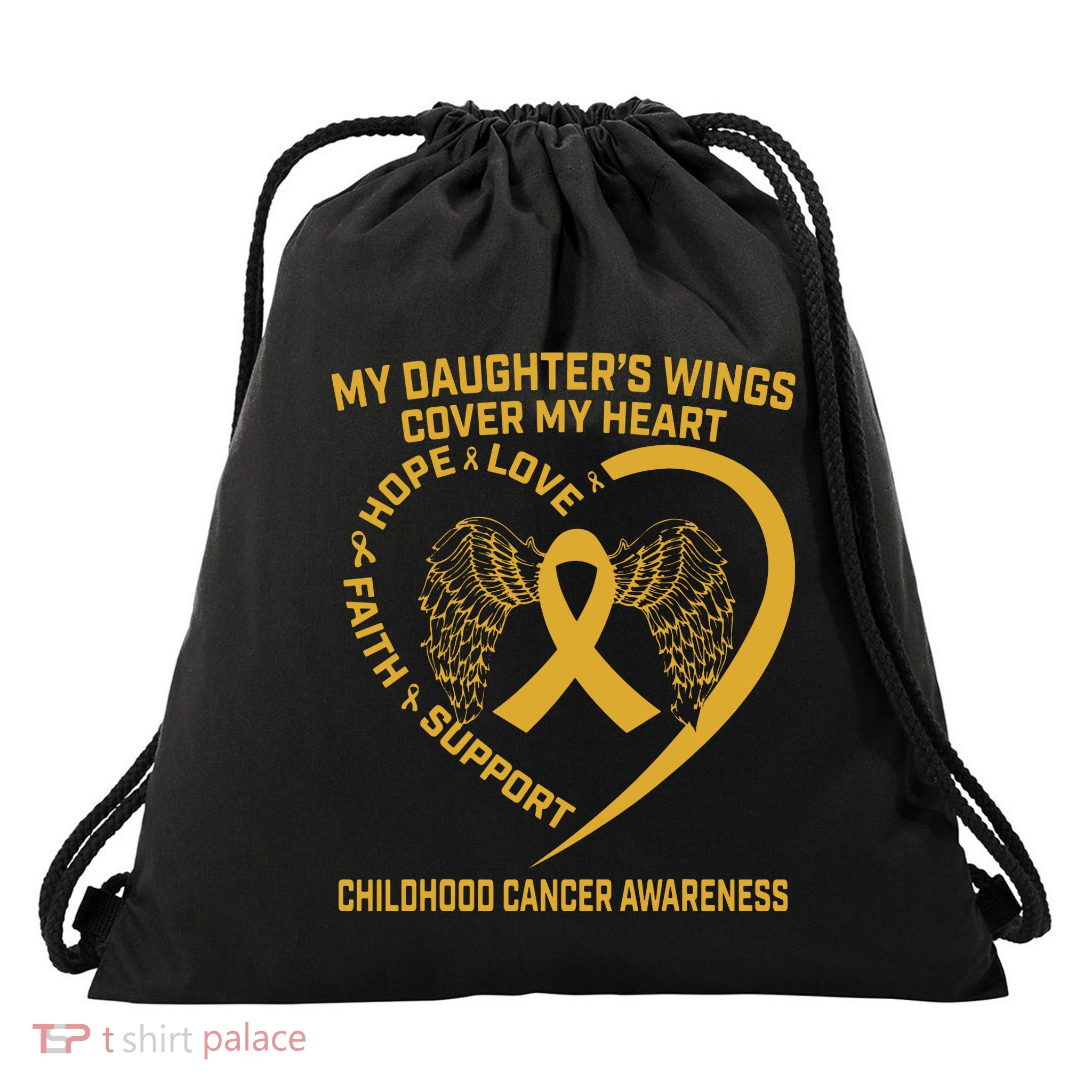 Gold Childhood Cancer Awareness In Memory Of My Daughter Drawstring Bag