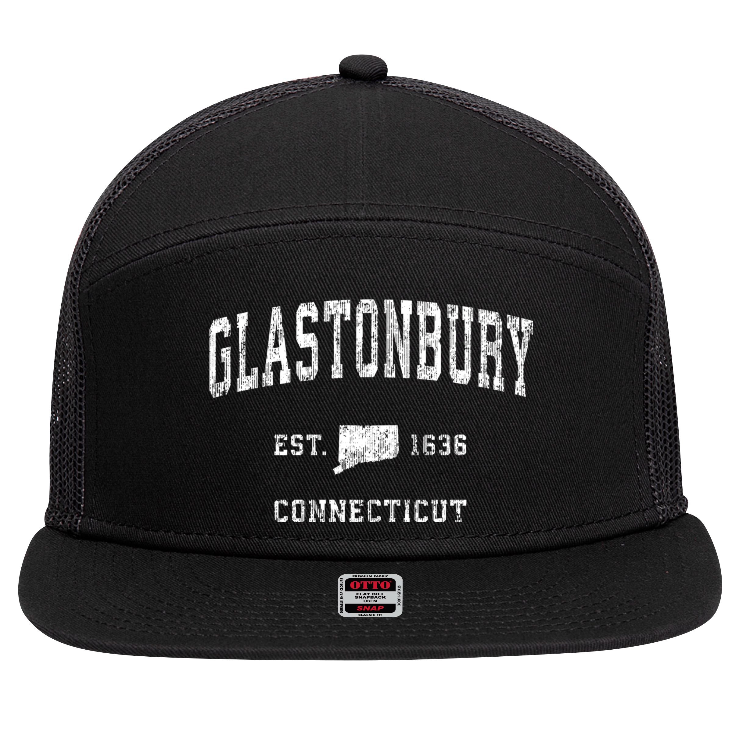 Glastonbury Connecticut Ct Vintage Athletic Sports 7 Panel Mesh Trucker Snapback Hat