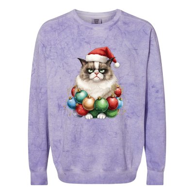 Grumpy Cat Christmas Tree Balls Santa Hat Colorblast Crewneck Sweatshirt