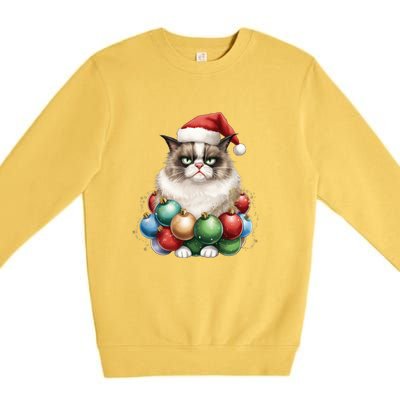 Grumpy Cat Christmas Tree Balls Santa Hat Premium Crewneck Sweatshirt