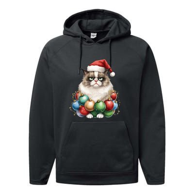 Grumpy Cat Christmas Tree Balls Santa Hat Performance Fleece Hoodie