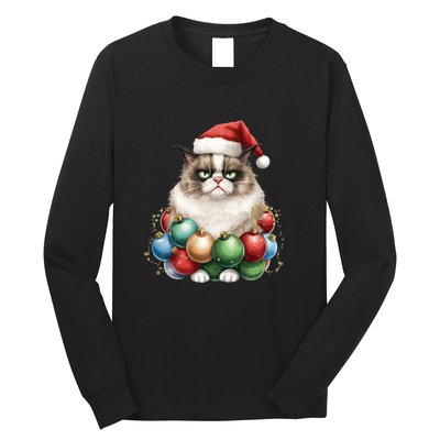 Grumpy Cat Christmas Tree Balls Santa Hat Long Sleeve Shirt