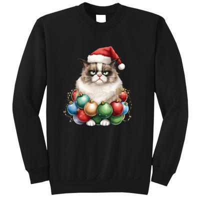 Grumpy Cat Christmas Tree Balls Santa Hat Sweatshirt