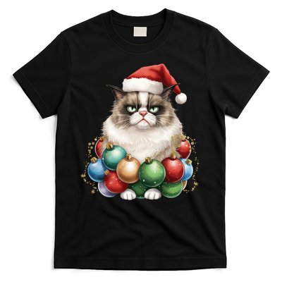 Grumpy Cat Christmas Tree Balls Santa Hat T-Shirt