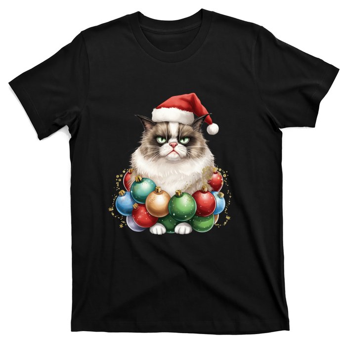 Grumpy Cat Christmas Tree Balls Santa Hat T-Shirt