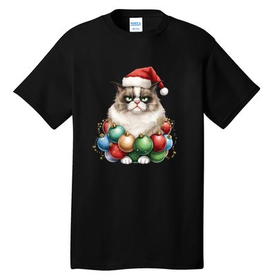 Grumpy Cat Christmas Tree Balls Santa Hat Tall T-Shirt