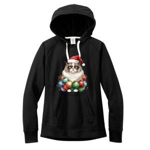 Grumpy Cat Christmas Tree Balls Santa Hat Women's Fleece Hoodie