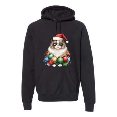 Grumpy Cat Christmas Tree Balls Santa Hat Premium Hoodie