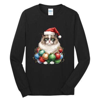 Grumpy Cat Christmas Tree Balls Santa Hat Tall Long Sleeve T-Shirt