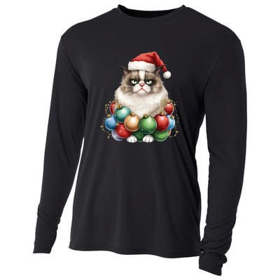 Grumpy Cat Christmas Tree Balls Santa Hat Cooling Performance Long Sleeve Crew