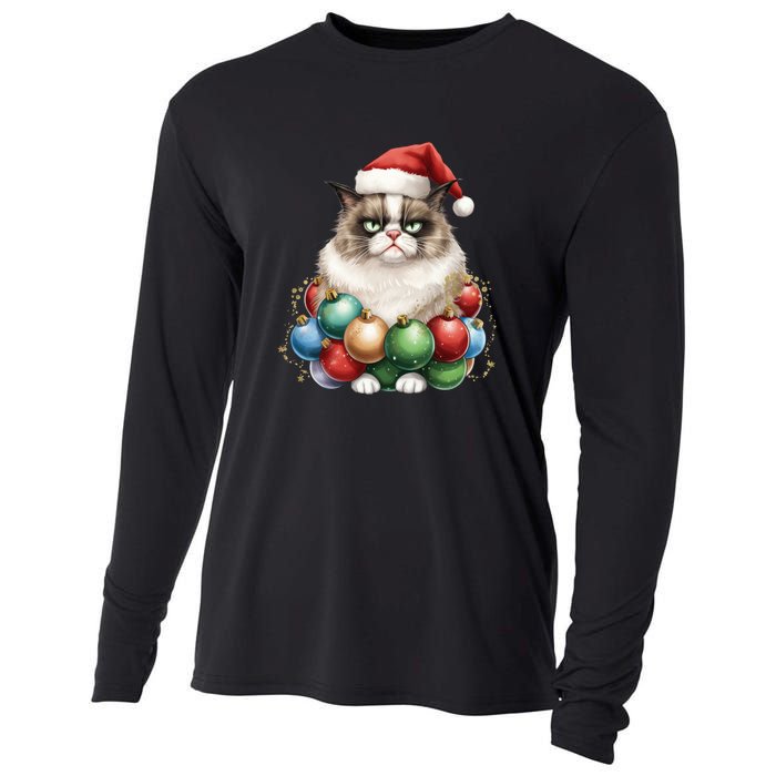 Grumpy Cat Christmas Tree Balls Santa Hat Cooling Performance Long Sleeve Crew