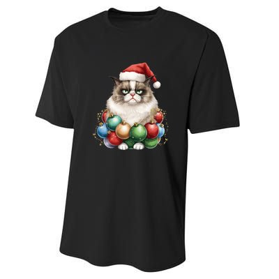 Grumpy Cat Christmas Tree Balls Santa Hat Performance Sprint T-Shirt