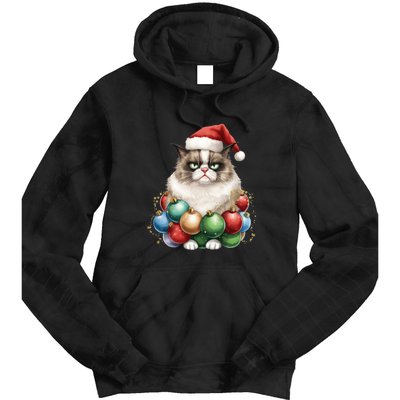 Grumpy Cat Christmas Tree Balls Santa Hat Tie Dye Hoodie