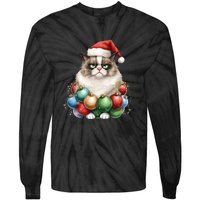 Grumpy Cat Christmas Tree Balls Santa Hat Tie-Dye Long Sleeve Shirt