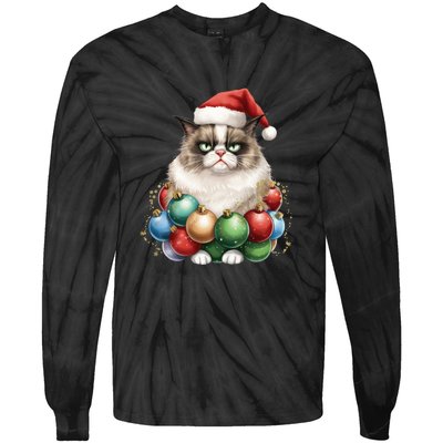 Grumpy Cat Christmas Tree Balls Santa Hat Tie-Dye Long Sleeve Shirt