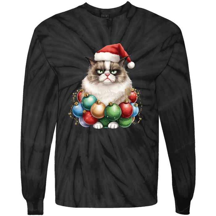 Grumpy Cat Christmas Tree Balls Santa Hat Tie-Dye Long Sleeve Shirt