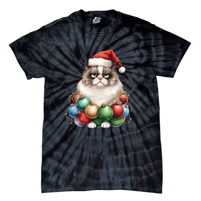 Grumpy Cat Christmas Tree Balls Santa Hat Tie-Dye T-Shirt