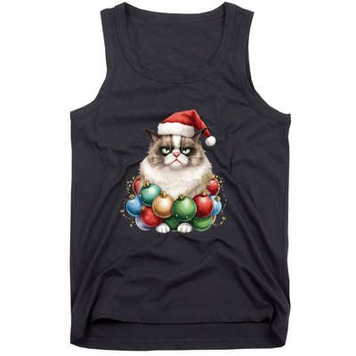 Grumpy Cat Christmas Tree Balls Santa Hat Tank Top