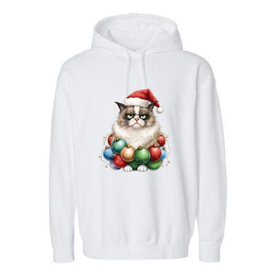 Grumpy Cat Christmas Tree Balls Santa Hat Garment-Dyed Fleece Hoodie