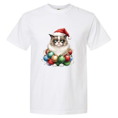 Grumpy Cat Christmas Tree Balls Santa Hat Garment-Dyed Heavyweight T-Shirt