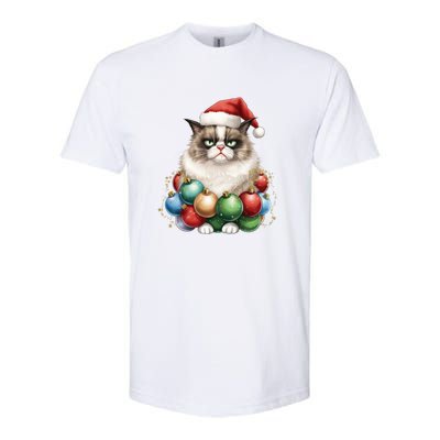 Grumpy Cat Christmas Tree Balls Santa Hat Softstyle CVC T-Shirt