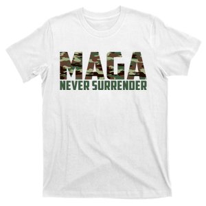 Green Camo Camouflage Trump Maga Never Surrender Usa July 4 T-Shirt