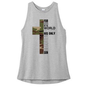 Green Camo Christian Cross Gifts John 316 Bible Verse Ladies PosiCharge Tri-Blend Wicking Tank