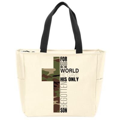 Green Camo Christian Cross Gifts John 316 Bible Verse Zip Tote Bag