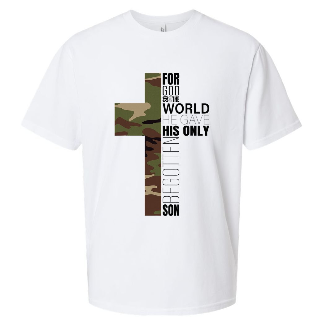 Green Camo Christian Cross Gifts John 316 Bible Verse Sueded Cloud Jersey T-Shirt