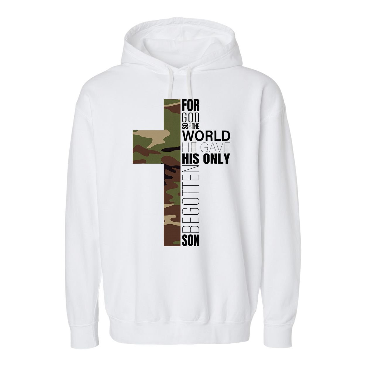 Green Camo Christian Cross Gifts John 316 Bible Verse Garment-Dyed Fleece Hoodie