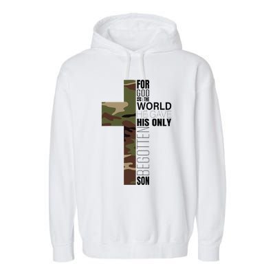 Green Camo Christian Cross Gifts John 316 Bible Verse Garment-Dyed Fleece Hoodie