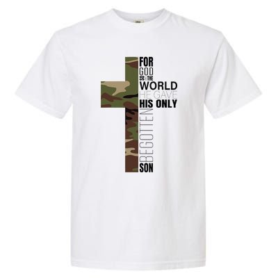 Green Camo Christian Cross Gifts John 316 Bible Verse Garment-Dyed Heavyweight T-Shirt