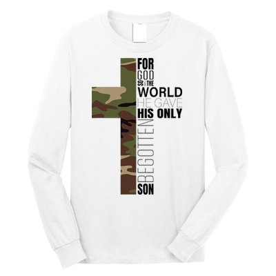 Green Camo Christian Cross Gifts John 316 Bible Verse Long Sleeve Shirt