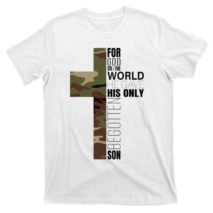 Green Camo Christian Cross Gifts John 316 Bible Verse T-Shirt