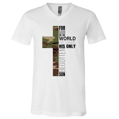 Green Camo Christian Cross Gifts John 316 Bible Verse V-Neck T-Shirt